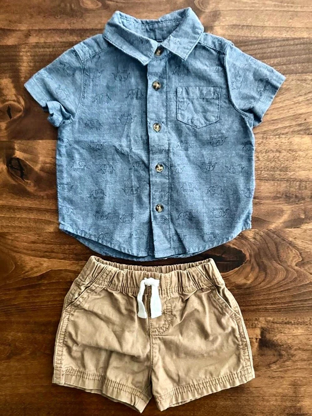Carter’s Just One You Chambray Elephant Button Down Shirt Tan Khaki Shorts 6M
